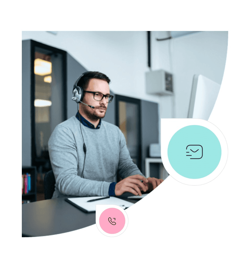 Customer support professional at desk with headset, email and phone contact icons