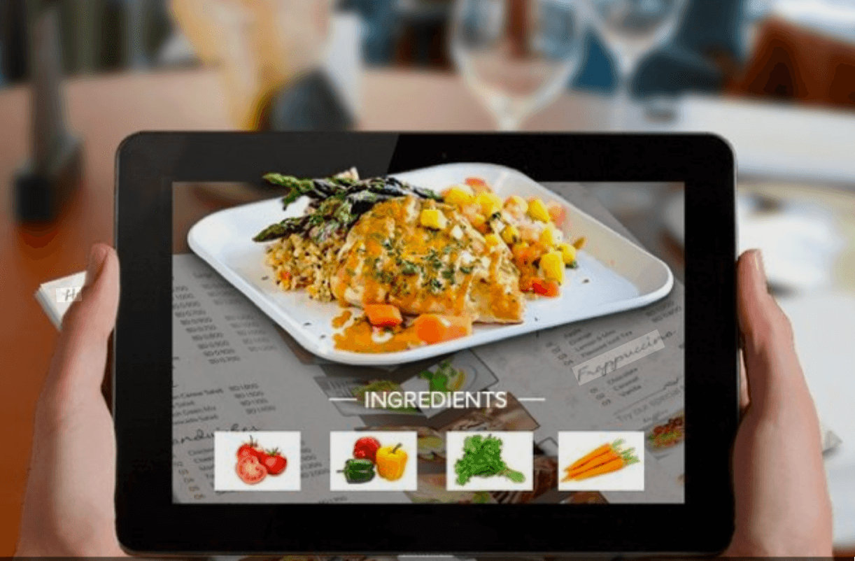 Restaurant AR Menu — 3D dishes and ingredients viewed in augmented reality on a tablet